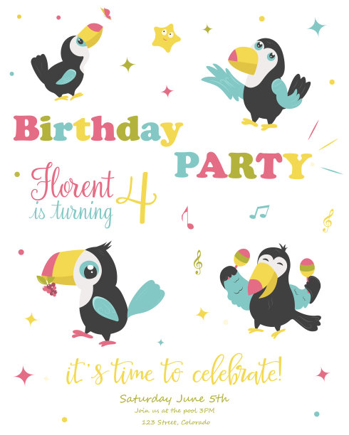 生日派对的卡片和有趣的巨嘴鸟图片下载