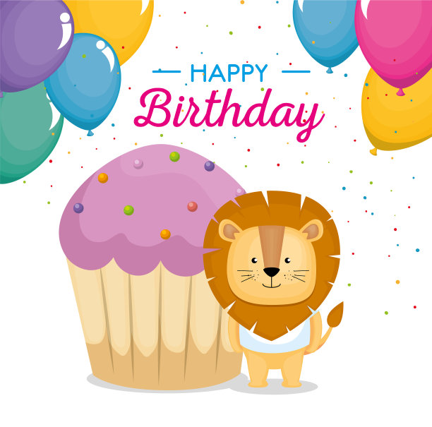 带小蛋糕和可爱狮子的生日贺卡图片下载