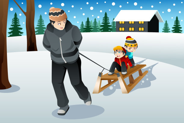 父亲拉着他的儿子们坐在雪橇上图片下载