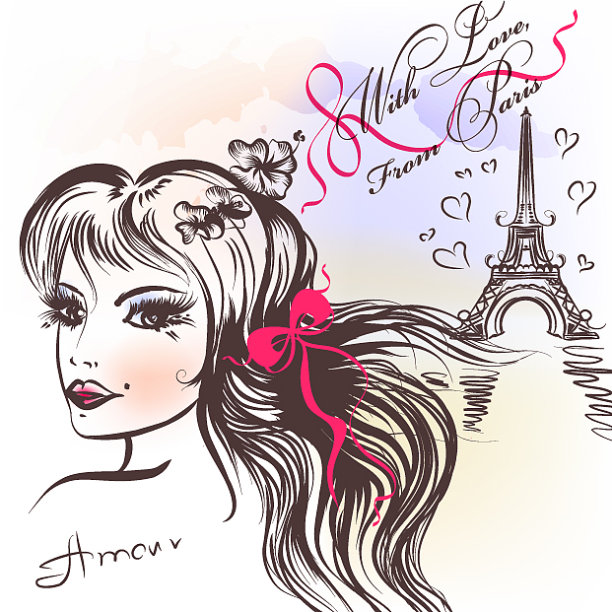 可爱的法国女孩脸蛋与长发素描风格图片下载