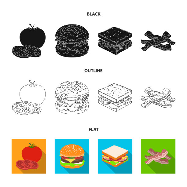 汉堡和配料黑色扁平轮廓图标图片下载