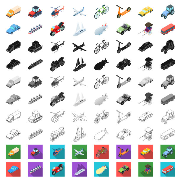 不同类型的交通卡通图标设置图片下载