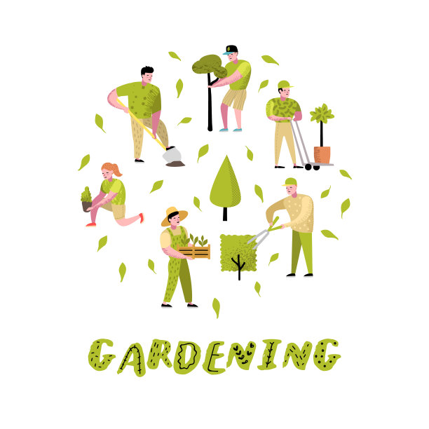 园艺卡通人物与植物和树图片下载