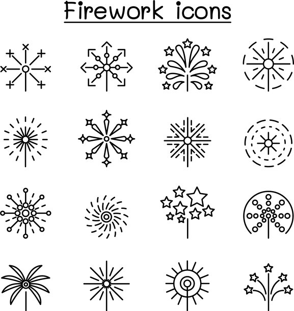 烟花图标设置在细线风格图片下载