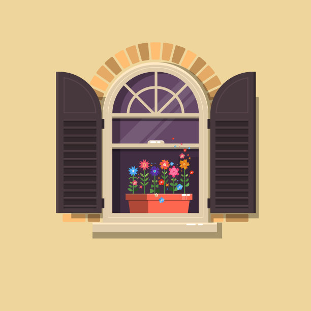 褐色百叶窗和花盆的窗户图片下载