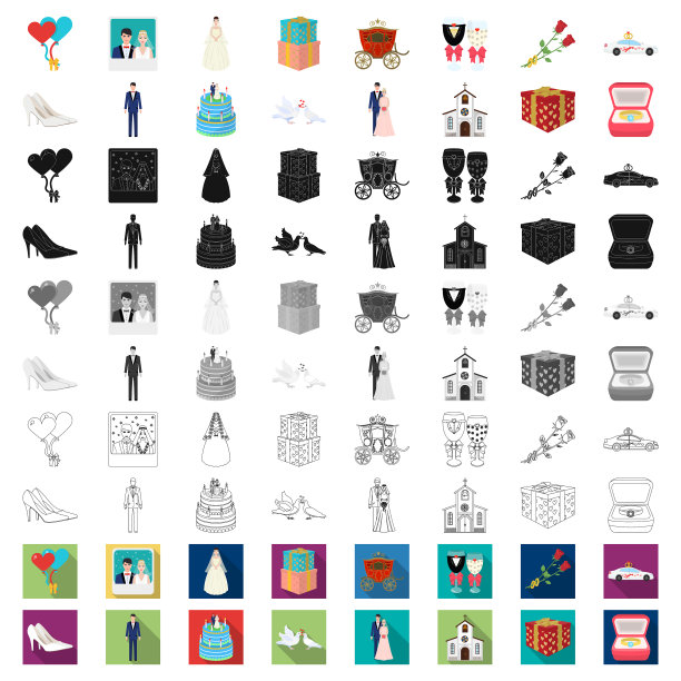 婚礼和属性卡通图标设置图片下载