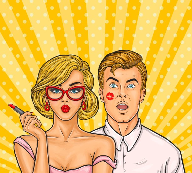 波普艺术性感的女人用红色的口红吻了一个男人图片下载