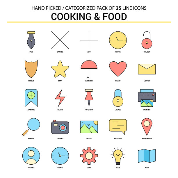 烹饪和食品平面线的图标设置业务图片下载