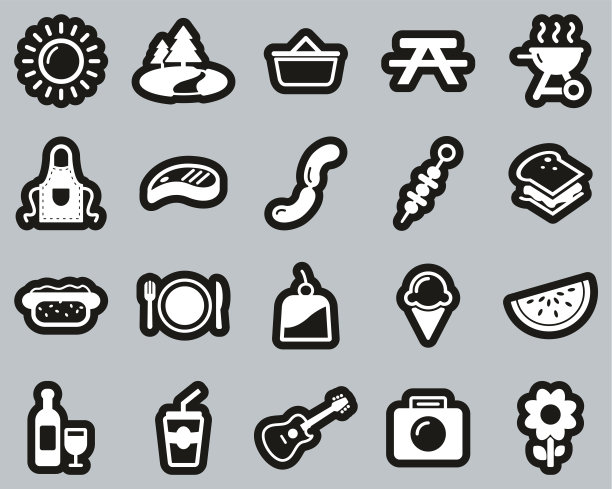 野餐或烧烤图标白色在黑色贴纸设置大图片下载