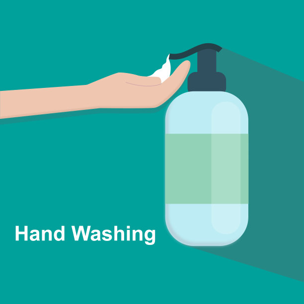 冠状病毒卫生。插图中人物将洗手液放在手上，背景为绿松石色图片下载