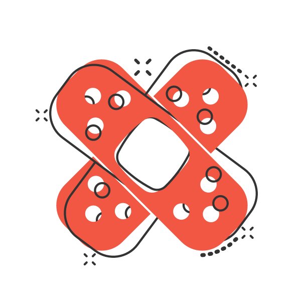 绷带图标在漫画风格。石膏卡通矢量插图在白色孤立的背景。急救箱飞溅效果经营理念。图片下载