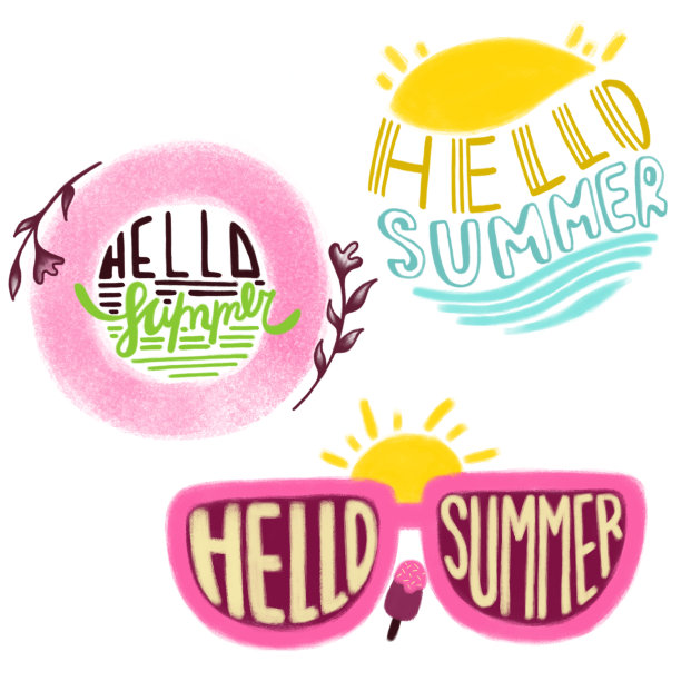 你好夏天-三数字手绘刻字集。手写短语用于夏季印刷品，问候海报，横幅，节日贺卡。白色的孤立的背景。太阳，水，海滩，冰淇淋，太阳眼镜，带叶子的花，大海。图片下载