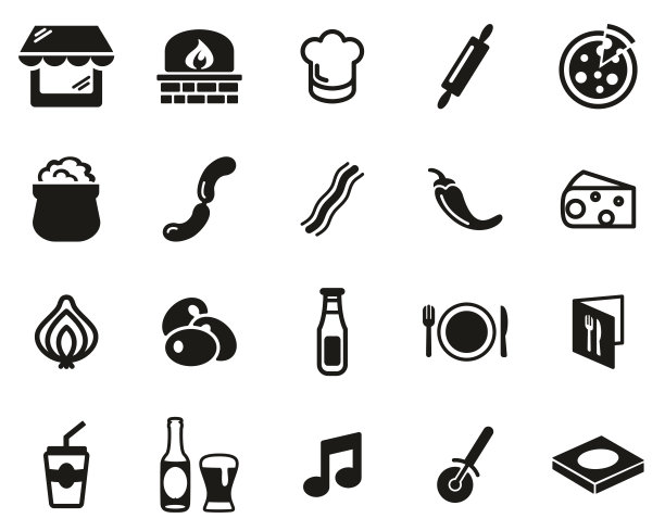 披萨店或披萨餐厅图标黑色和白色设置大图片下载