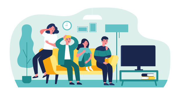 一群朋友看恐怖电影平面矢量插图图片下载