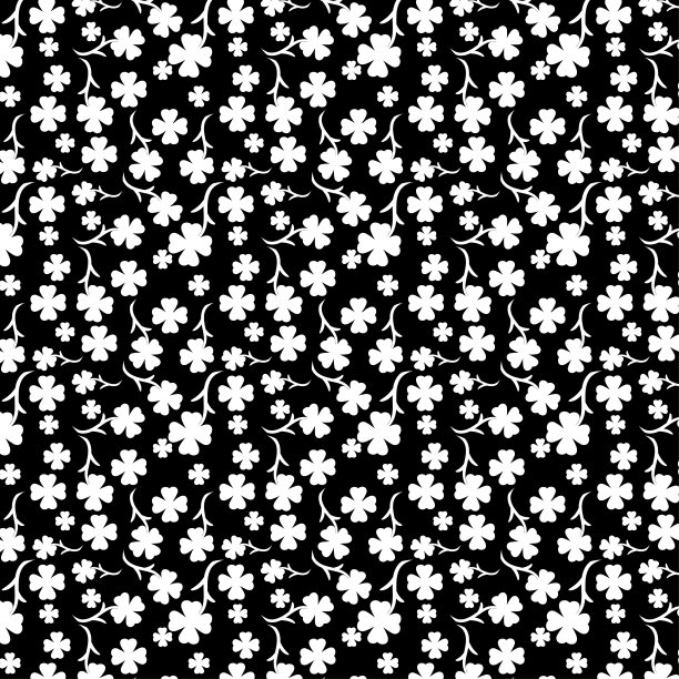 摘要白色三叶草叶花无缝图案向量上的黑色背景。图片下载