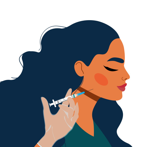 下巴曲线修正。女性脸部和手握注射器。美容行业与注射概念。下巴注射。面部椭圆矫正程序。下巴线填充物。图片下载