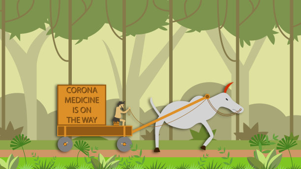 电晕药物是在路上与原始人类牛车在丛林2D插图图片下载