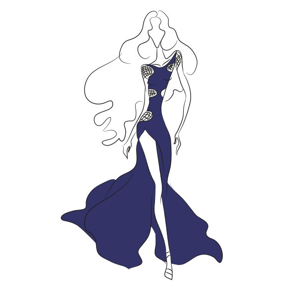 向量时尚草图。美丽的模特走在天桥上的蓝色长裙与高切割和透明雪纺嵌入。瘦削的身材，长发，高跟鞋。高级时装表演图片下载
