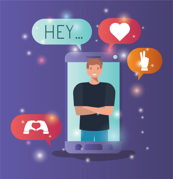 智能手机上的男人和社交媒体泡沫图片下载