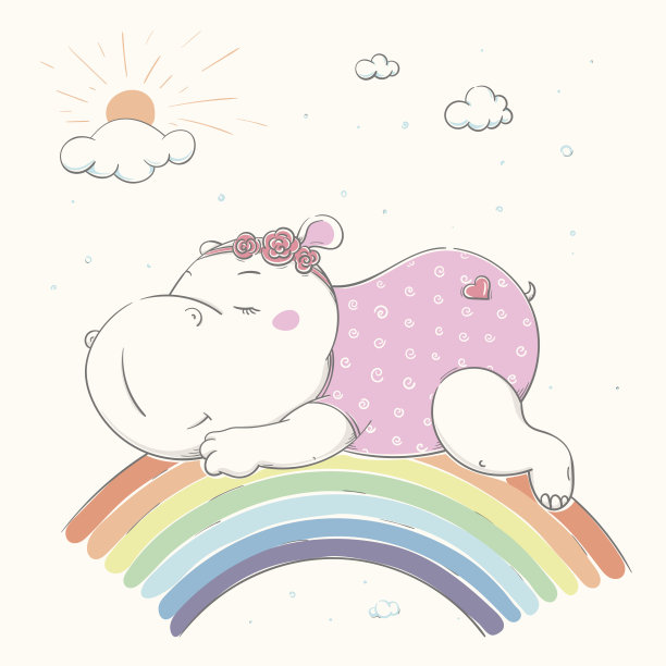 可爱可爱的河马在彩虹上睡觉。美丽的河马穿着睡衣，缠着带花的绷带。图片下载
