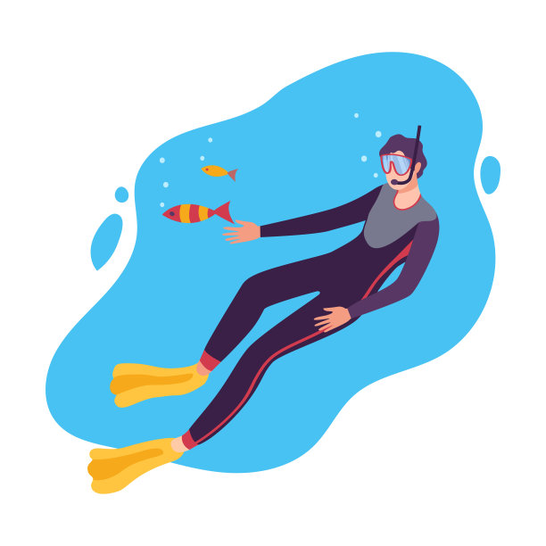 穿着水肺潜水服的人与鱼在海下游泳，专业潜水员探索水下世界平面矢量插图图片下载