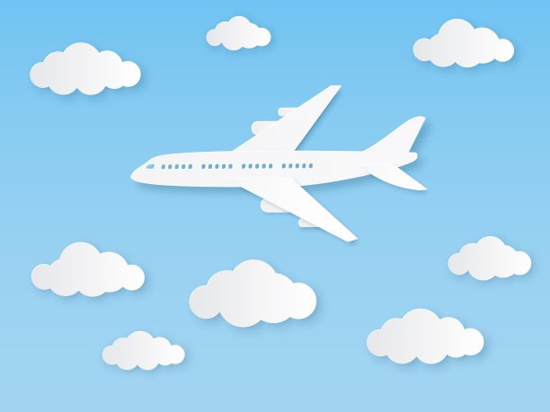 蓝天下的飞机。飞行飞机和白云折纸风格，航空旅游。世界旅行纸矢量概念图片下载