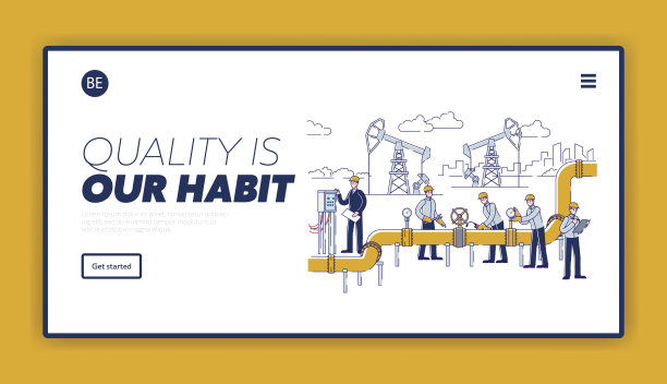 石油生产网站登陆页面。人们在石油钻塔工厂工作。操作人员控制石油和天然气运输从工厂通过石油管道。网页卡通线性轮廓平面矢量插图图片下载