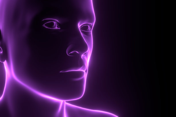 3D渲染图。黑客人工智能脸高科技在网络空间的概念。机器人头，二进制代码矩阵，随机符号。赛博朋克编程代码技术背景图片下载