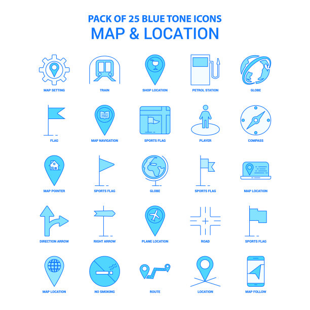 地图和位置蓝色色调图标包- 25图标图片下载