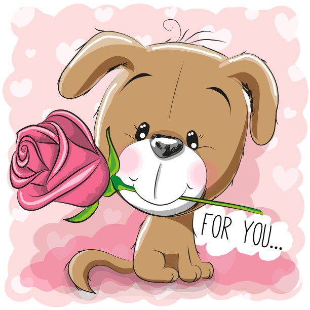 粉红色背景上带花的卡通小狗图片下载