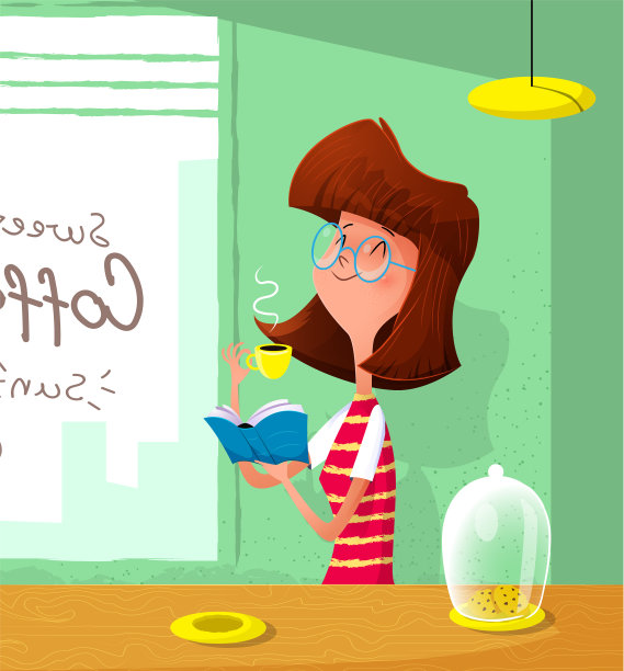 卡通可爱的女孩喝咖啡和看书图片下载