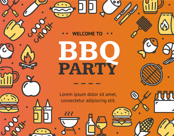 烧烤派对标志圆形设计模板细线图片下载