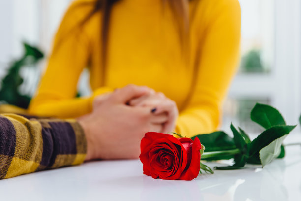 这是一组年轻人在咖啡馆见面的特殊照片，男孩送给他可爱的女友一朵红玫瑰。把注意力放在最前面。图片下载