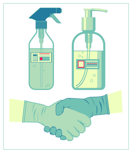 一套矢量平面插图与握手在手套和消毒剂凝胶。为您的网站设计，标志，应用程序，UI图片下载