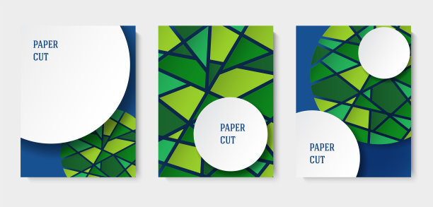 一套抽象的蓝色和白色背景在纸的风格。海报与绿色马赛克元素。文本。向量图片下载