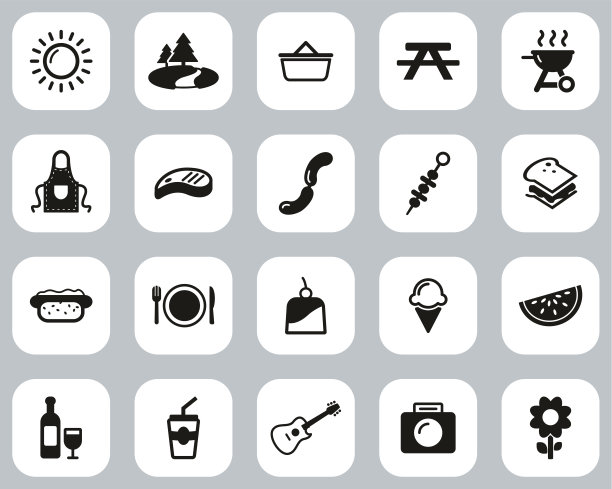 野餐或烧烤图标黑色和白色平面设计集大图片下载