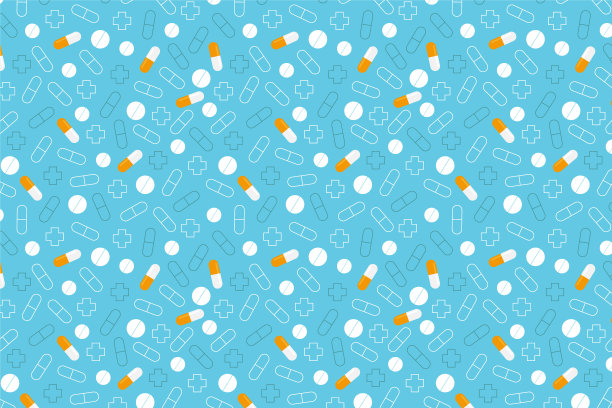 黄色和白色丸子图案。蓝色的医学背景图片下载