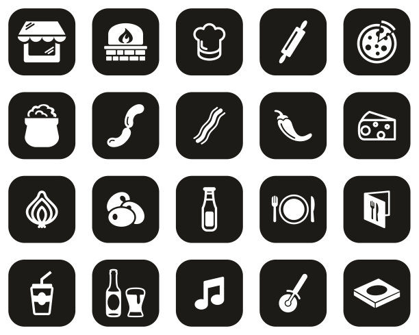 披萨店或披萨餐厅图标白色在黑色平面设计设置大图片下载