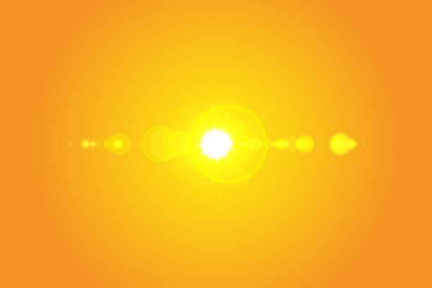 黄色背景上温暖的阳光。夏天。眩光。太阳射线。图片下载