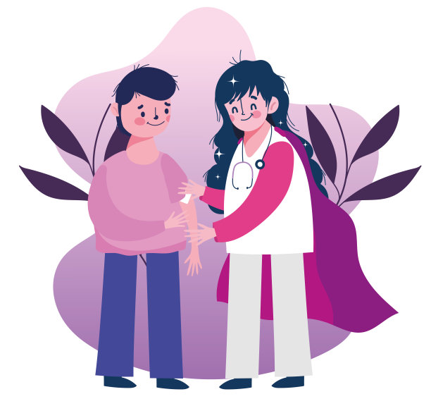 接种疫苗医疗，女医生和男孩手臂上的创可贴图片下载