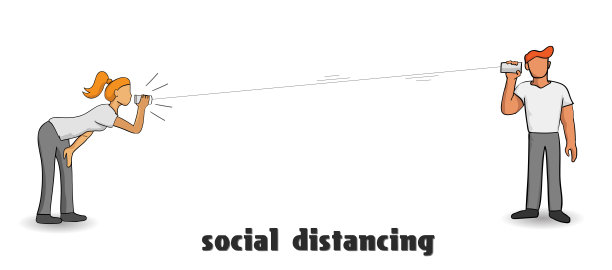 2D平面，社交距离背景，covid-19概念是安全的人们一起交谈的空间能够减少病毒的传播，创意插画卡通背景，健康的概念。图片下载