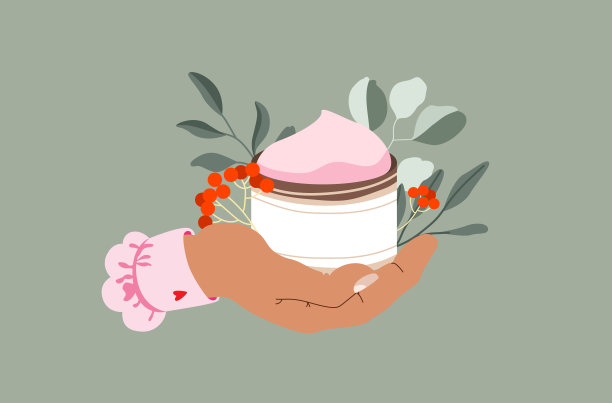 女性手握日霜和鲜花。植物元素及护肤产品。SPA和美容概念。现代手绘矢量插图。图片下载