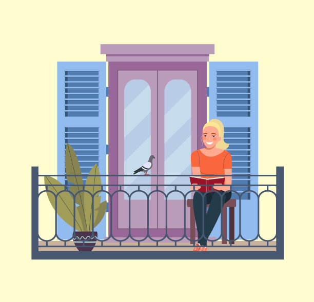那个年轻女子正在阳台上看书。矢量平面插图。图片下载