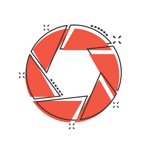 相机光圈图标在漫画风格。镜头卡通标志矢量插图在白色孤立的背景。照片快照飞溅效果的经营理念。图片下载