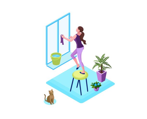 妇女用抹布擦窗户，清洁房屋的概念，隔离期和隔离期室内清洁活动的三维等距矢量图图片下载