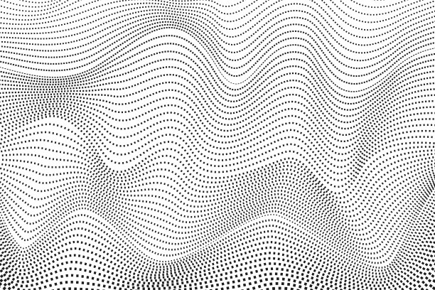 摇摆的黑色虚线。数字半色调模式，弯曲的曲线。抽象的技术背景，纹理表面。单色波浪，工业概念。矢量op艺术设计。EPS10插图素材图片