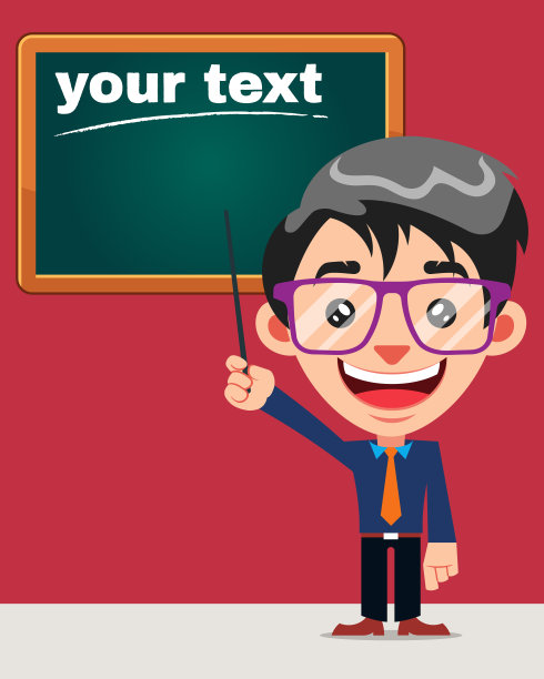 滑稽的家伙老师卡通站在黑板前与一个指针图片下载