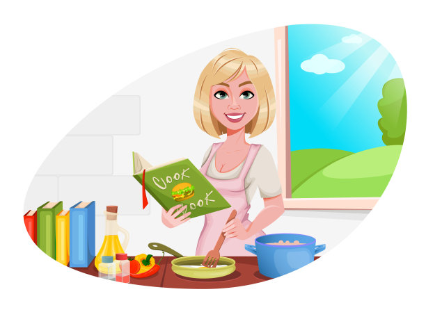 女人在家里做饭。开朗的女孩素材图片