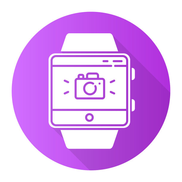 相机健身腕带功能紫色平设计长阴影字形图标。远程捕获功能。与智能手机相机同步拍摄矢量剪影插图照片图片下载