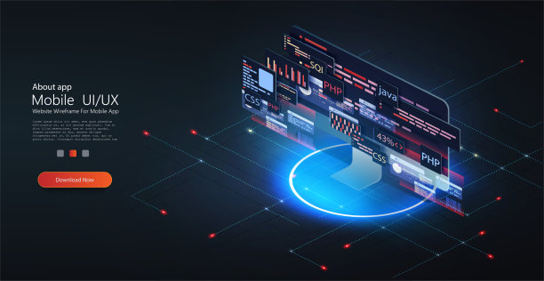 编程网络横幅。最好的编程语言。网络应用技术，互联网软件，网站开发，程序编码。测试跨平台代码。现代等距矢量图素材图片